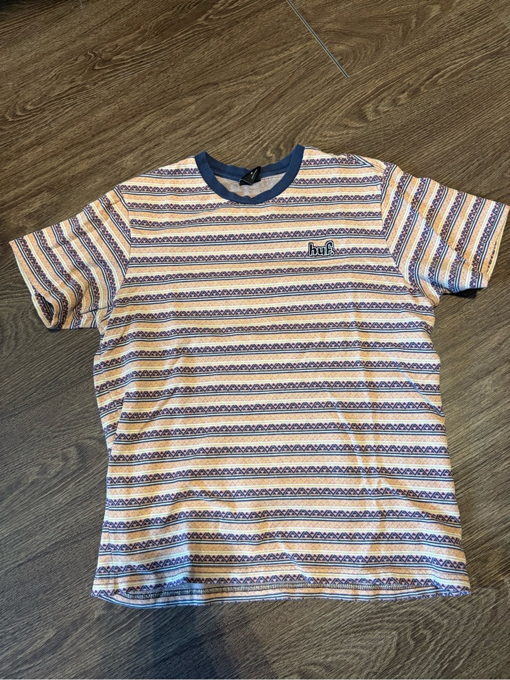 HUF Striped Ringer Tee in Navy and Cream with Multicolor Accents